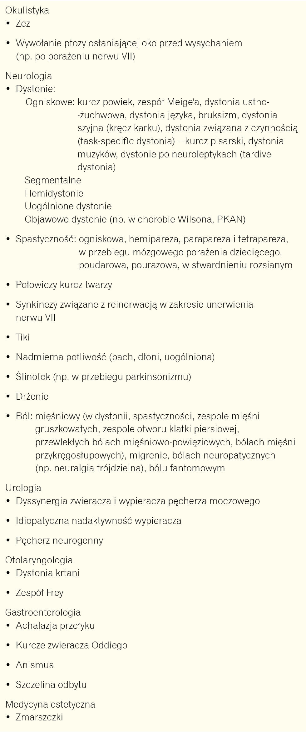 Tabela 3. Zastosowania toksyny botulinowej w praktyce klinicznej, również we wskazaniach pozarejestracyjnych (tzw. off-label)