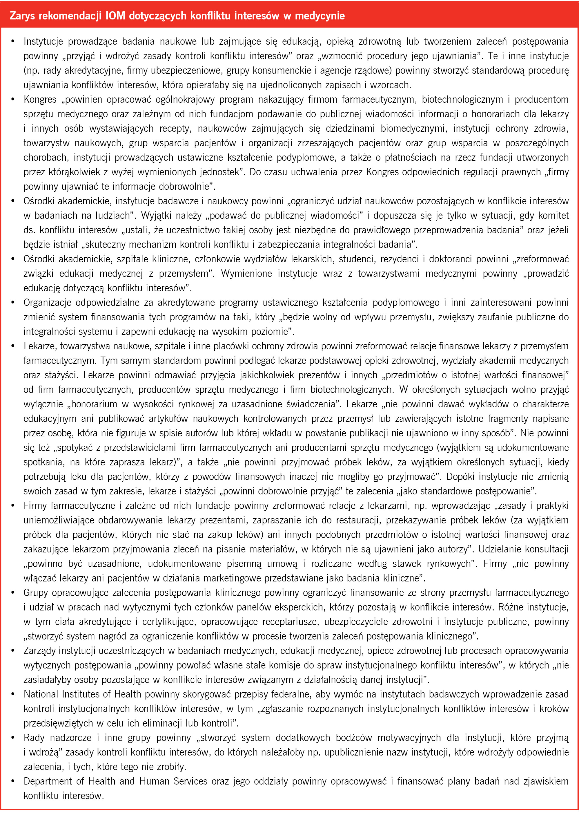Zarys rekomendacji IOM dotyczących konfliktu interesów w medycynie