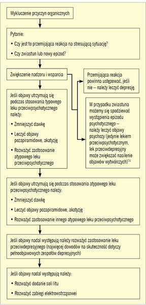 Rycina 2. Plan postępowania terapeutycznego w przypadku występowania depresji w przebiegu schizofrenii, jeśli objawy utrzymują się mimo stosowania leku przeciwpsychotycznego