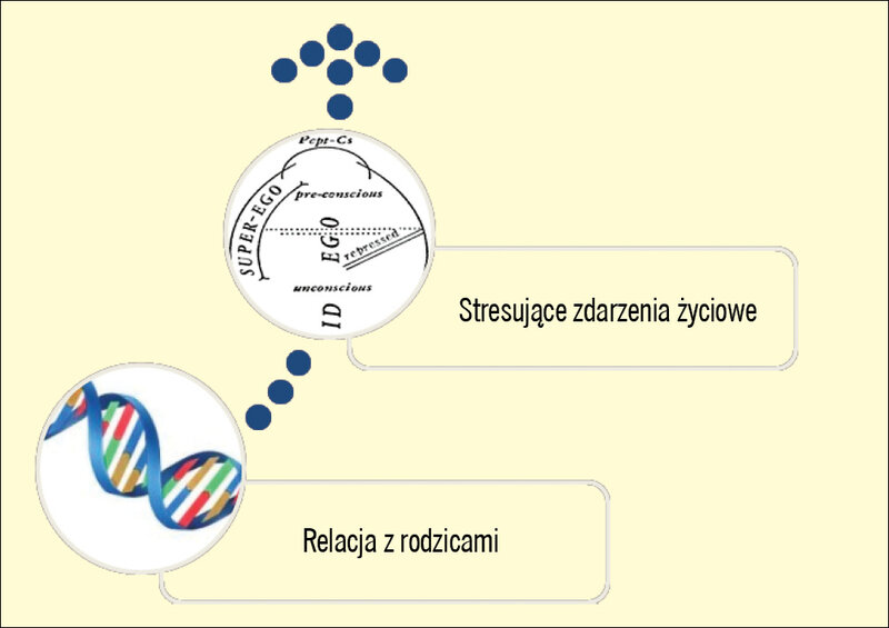 Rycina. Patomechanizm zaburzeń lękowo-depresyjnych. Dwie interakcje, pierwsza między genotypem a środowiskiem w dzieciństwie, druga między osobowością a stresującymi zdarzeniami życiowymi.