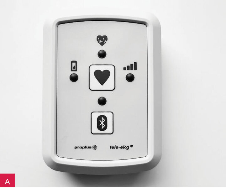 Rycina 1A, B. Urządzenia użyte w projekcie. A. Integrujący hub Bluetooth BT-HUB, wersja 4.1, zawiera modem GSM i czujnik GPS.  B. Ciśnieniomierz iXellence