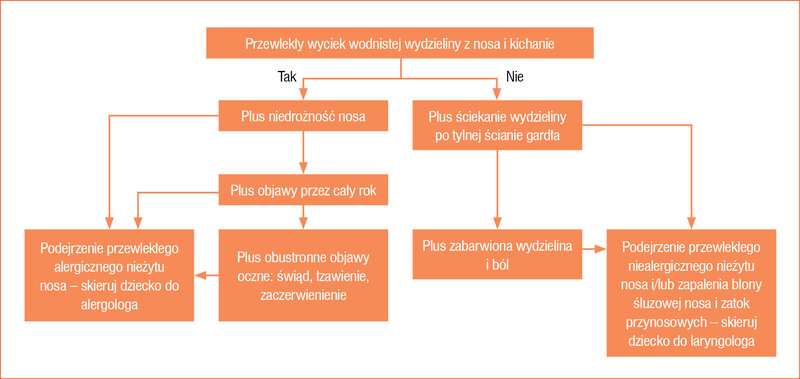 Rycina 1. Algorytm postępowania diagnostycznego w przewlekłym nieżycie nosa, na podstawie PoSLeNN i ARIA