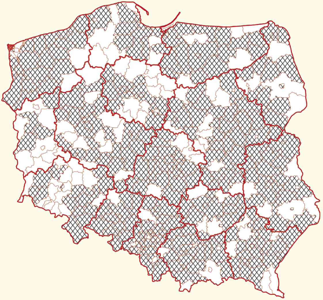 Rycina 2. Powiaty i miasta, w których w 2010 r. dzieci korzystały z domowej opieki paliatywnej (zakreskowane)