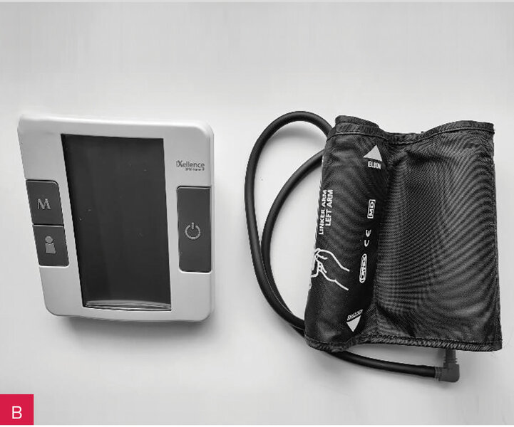 Rycina 1A, B. Urządzenia użyte w projekcie. A. Integrujący hub Bluetooth BT-HUB, wersja 4.1, zawiera modem GSM i czujnik GPS.  B. Ciśnieniomierz iXellence