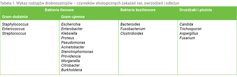 Tabela 1. Wykaz rodzajów drobnoustrojów – czynników etiologicznych zakażeń ran, owrzodzeń i odleżyn