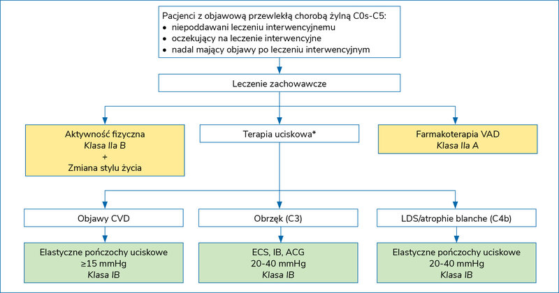 Rycina 1. Schemat postępowania w leczeniu przewlekłej choroby żylnej na podstawie wytycznych European Society for Vascular Surgery z 2022 r.11