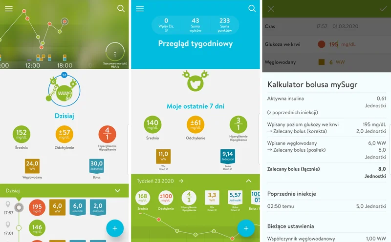 Rycina 3. Przykładowe ekrany z aplikacji mySugr (materiał własny)