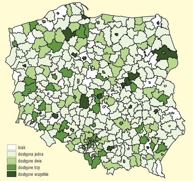 Rycina. Liczba podstawowych form opieki psychiatrycznej (poradniana, środowiskowa, dzienna, stacjonarny) dostępnych w&nbsp;powiatach (2010).