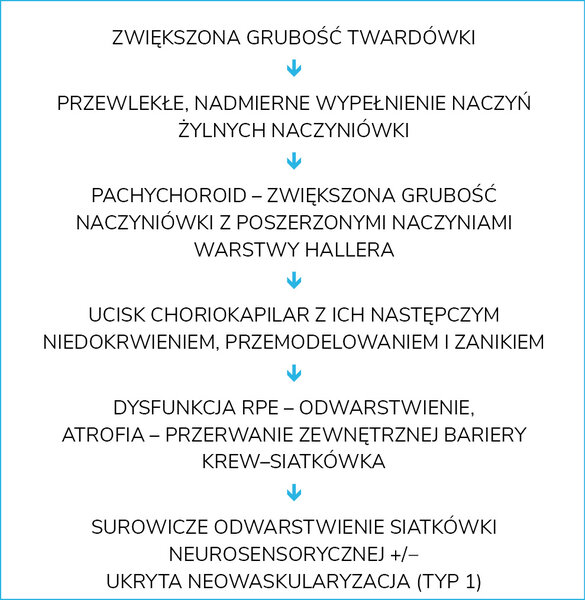 Rycina 1. Schematyczne przedstawienie sekwencji procesów patofizjologicznych prowadzących do typowego obrazu klinicznego centralnej surowiczej chorioretinopatii uwzględniające doniesienia o zwiększonej grubości twardówki jako miejsca pierwotnych zmian patomorfologicznych