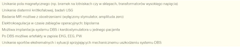 Tabela 2. Zalecenia i środki ostrożności po zabiegu DBS