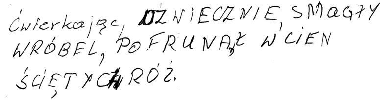 Rycina 6. Agrafia allograficzna – trudności z doborem kroju czcionki w próbce pisma pacjentki w wieku 58 lat z wariantem niepłynnym afazji pierwotnej postępującej, z objawami klinicznymi występującymi od 2 lat. Dodatkowo widoczne są pominięcia znaków diakrytycznych