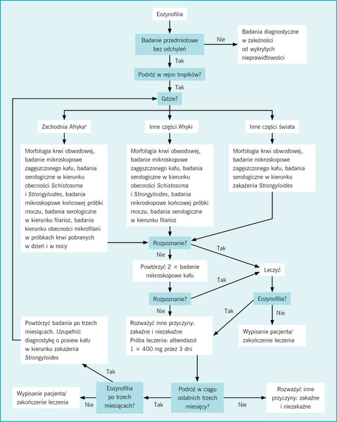 Rycina 2. Diagnostyka bezobjawowej eozynofilii w zależności od obszaru geograficznego, na którym doszło do ekspozycji