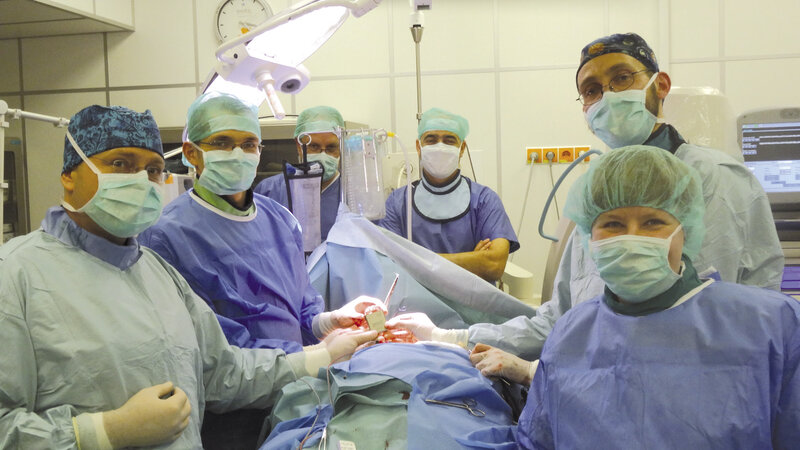 Ryc. 2. W trakcie zabiegu tuż przed podłączeniem elektrod do stymulatora. Od lewej stoją: Dariusz Jagielski, Piotr Król, Michael Freeland, Itzik Sinasi, Filip Klauza, Elżbieta Sęktas.