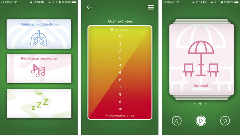 Rycina 5. Ekrany z aplikacji life-APP przedstawiające możliwość wyboru utworu muzycznego zharmonizowanego z daną częstotliwością prozdrowotną. Utwory muzyczne są skomponowane w różnych stylach muzycznych, co pozwala na wybór gatunku muzycznego zgodnego z upodobaniami pacjenta. Dodatkowo aplikacja gromadzi dane medyczne w postaci subiektywnej oceny nasilenia stresu w skali SUDS (Subjective Units of Distress Scale). Źródło: Science for Life sp. z o.o.