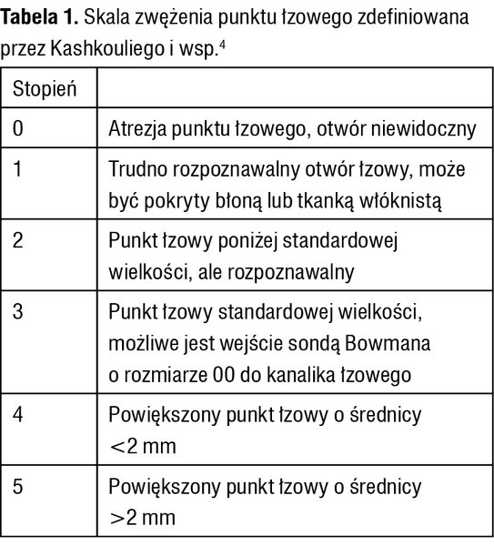 Tabela 1. Skala zwężenia punktu łzowego zdefiniowana przez Kashkouliego i wsp.4