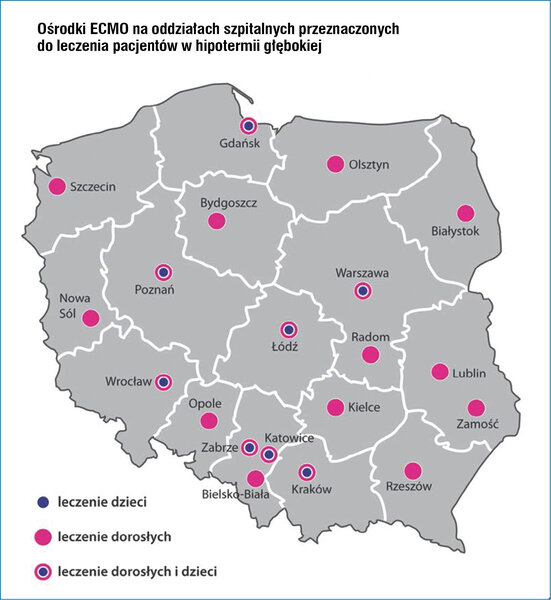 Rycina 1. Wykaz oddziałów szpitalnych pierwszego wyboru dla świadczeń w zakresie leczenia hipotermii głębokiej u dzieci i dorosłych. Oddziały kardiochirurgii oraz anestezjologii i intensywnej terapii